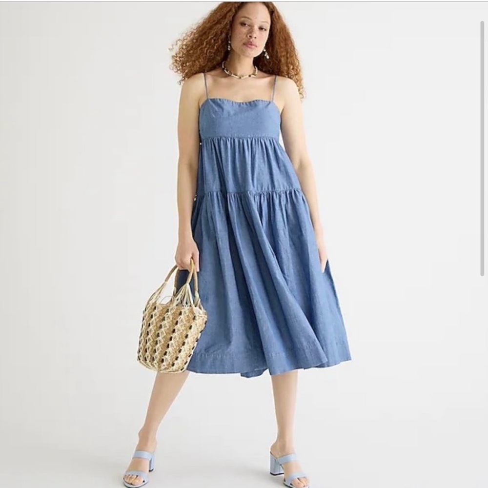 J. Crew‎ Tie Back Tiered Chambray Dress Organic Size 6